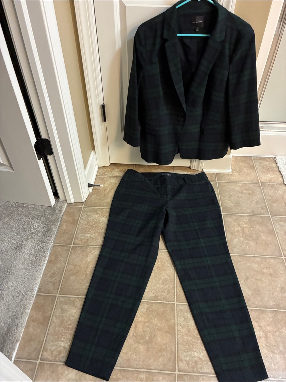 The Limited Dark Navy & Forest Green Plaid Women's Pantsuit Jacket and Trousers